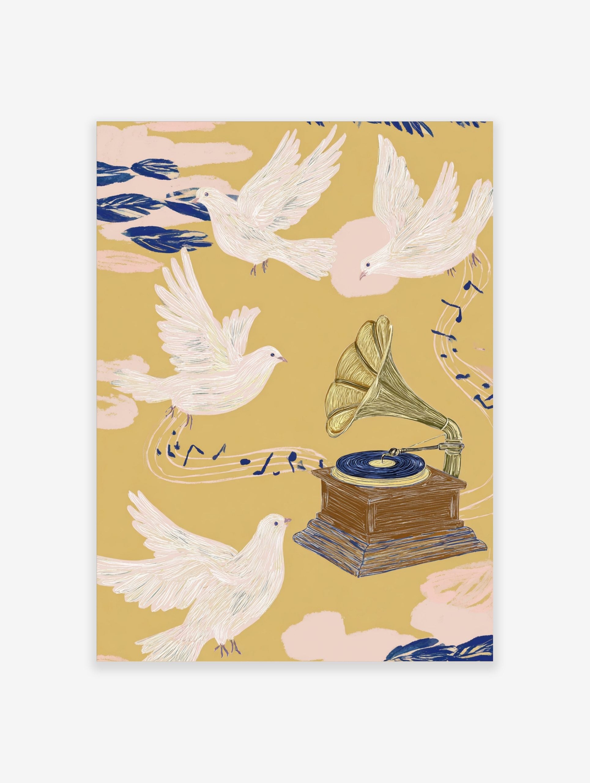 Illustrative print of white doves flying around a vintage gramophone with musical notes on yellow background