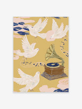 Illustrative print of white doves flying around a vintage gramophone with musical notes on yellow background
