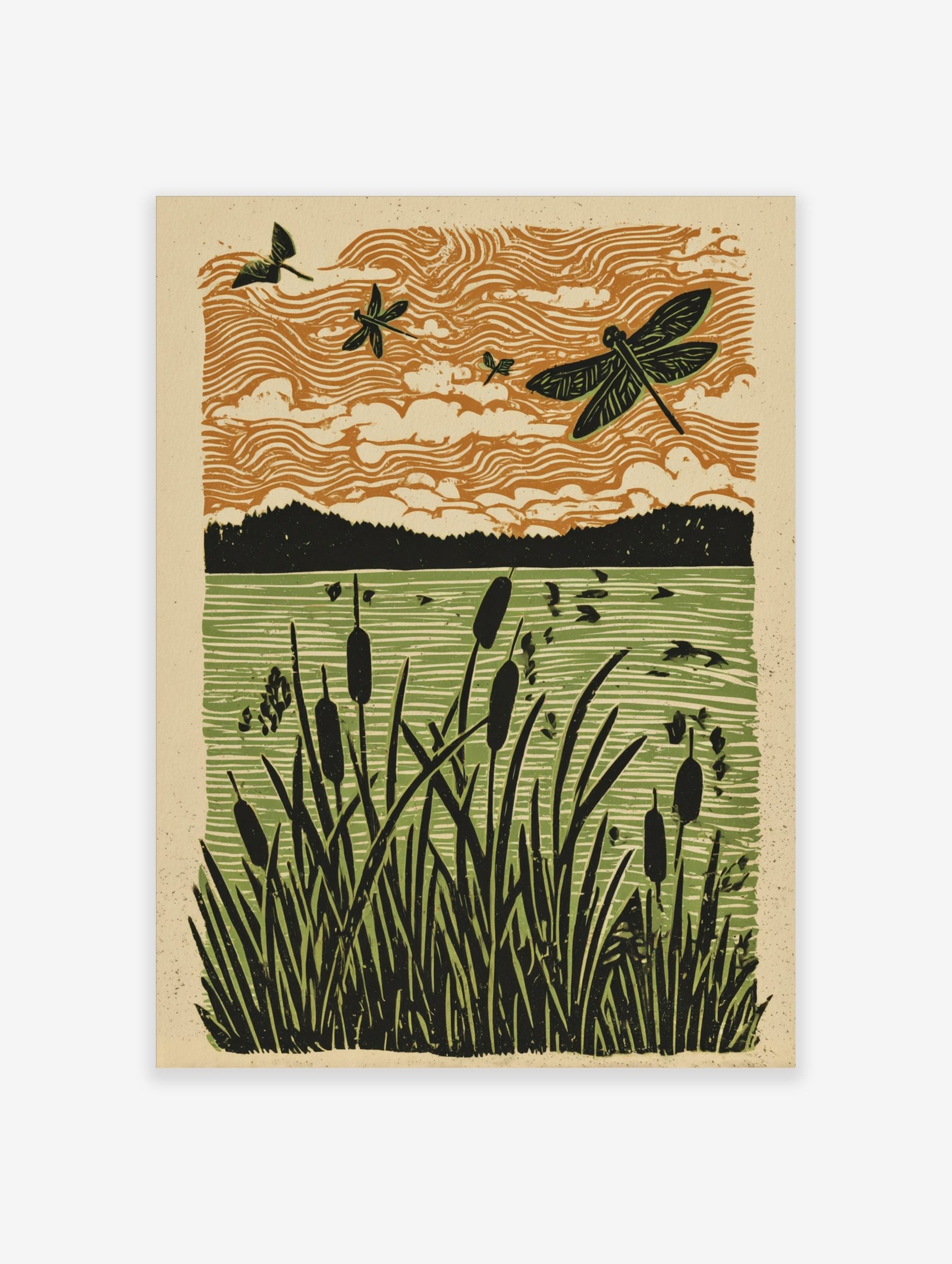 Linocut style art print of dragonflies flying over cattails in a marshland with an orange sky