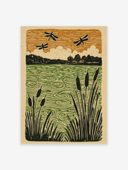 Rustic linocut-style print of dragonflies above a green pond with cattails and trees