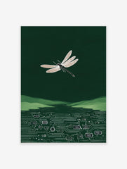 White dragonfly illustration flying over green hills and a circuit board pattern in dark green water