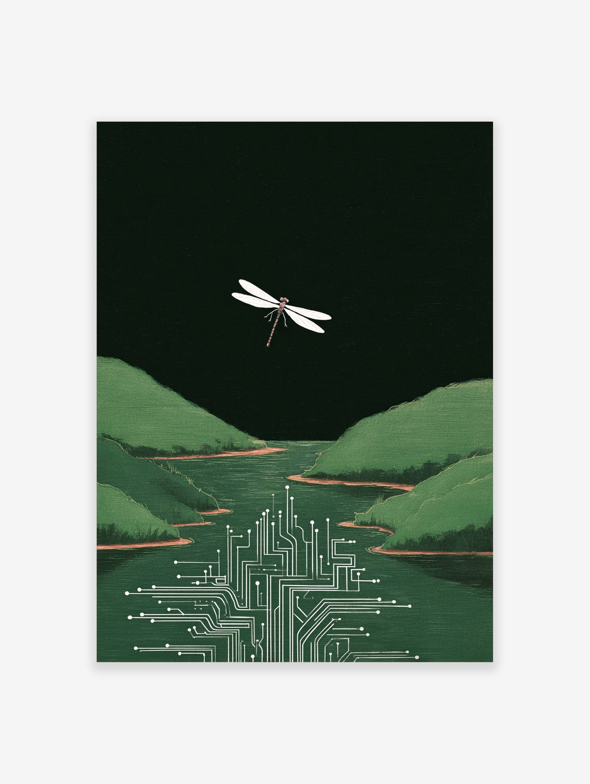 White dragonfly flying above green river merging into a circuit board with green hills and dark sky