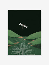 White dragonfly flying above green river merging into a circuit board with green hills and dark sky