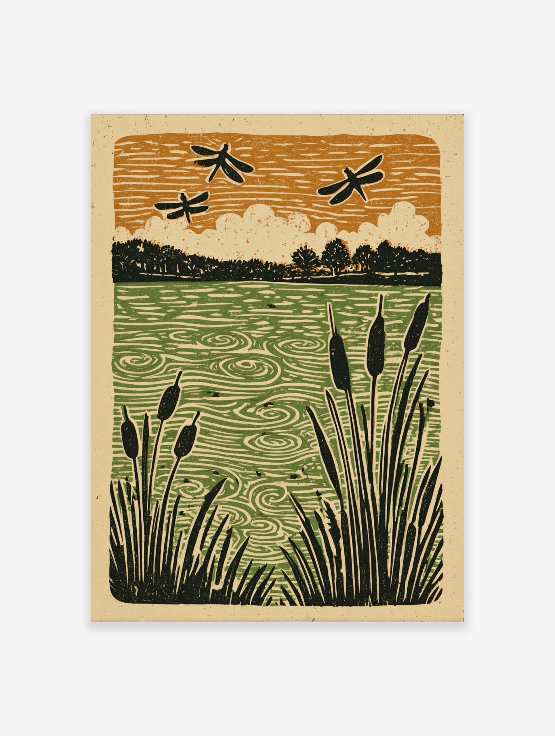 Linocut-style print of black dragonflies flying over a green pond with cattails and trees, under an orange sky