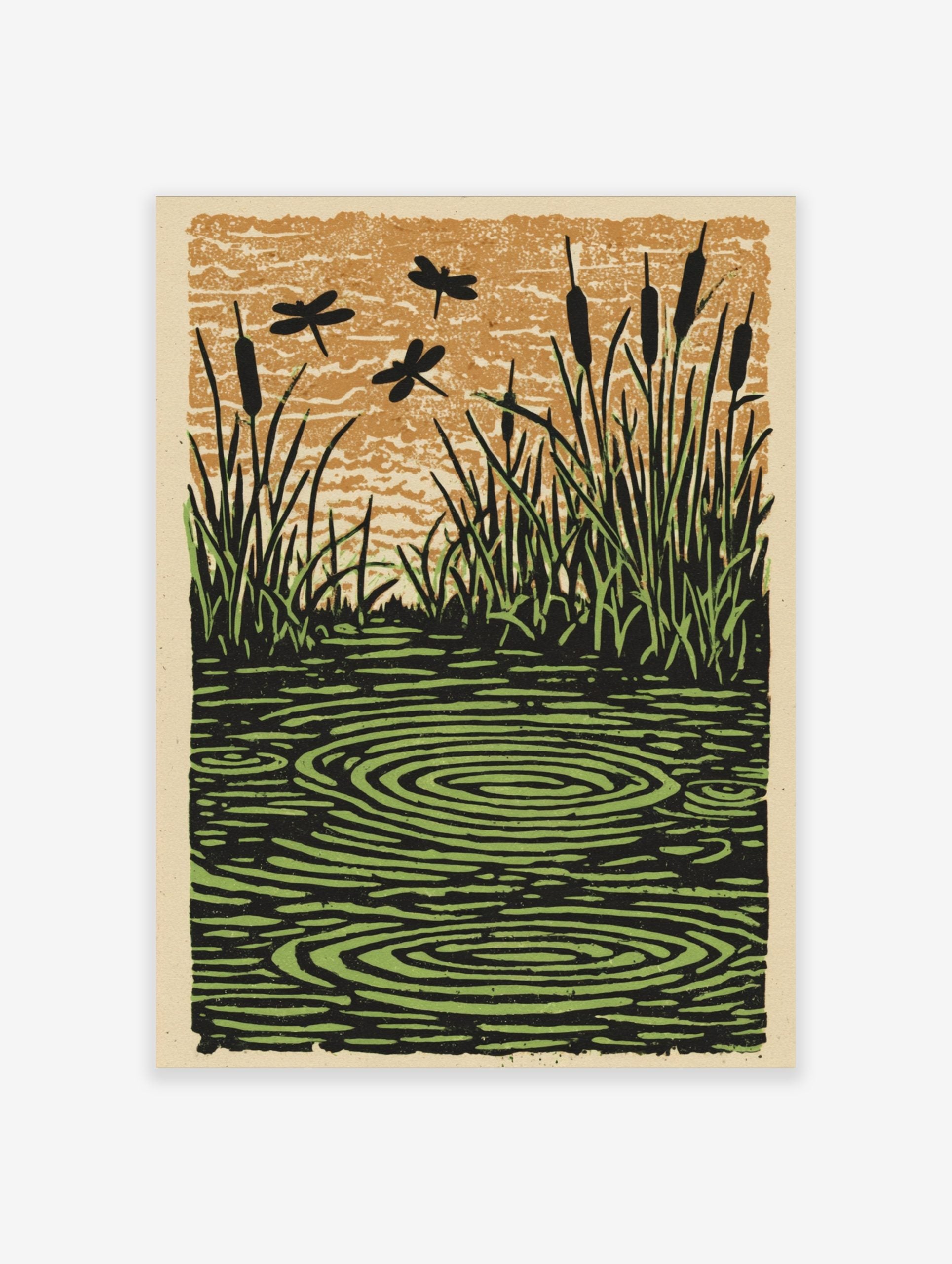 Illustrative print of black dragonflies flying over green water ripples and cattails against an orange sky