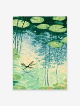 Dragonfly hovering over green lily pads and textured blue pond water art print