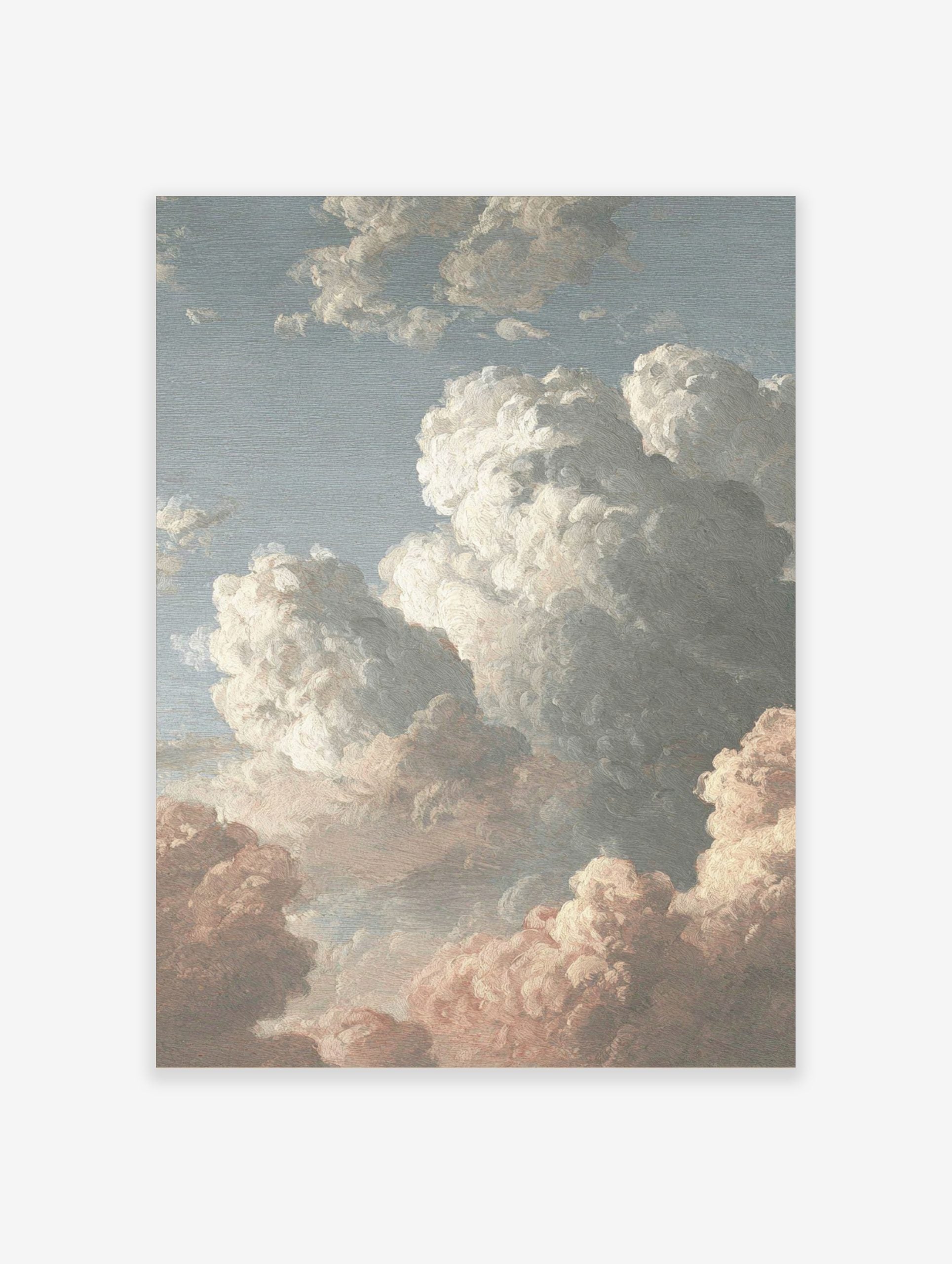 Painterly cloud study art print with white, grey, and pink clouds against a blue sky