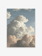 Classical painting of dramatic cumulus clouds in white, grey, and peach against a blue sky, vertical composition