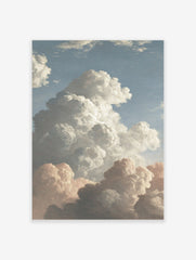 Classical painting of dramatic cumulus clouds in white, grey, and peach against a blue sky, vertical composition