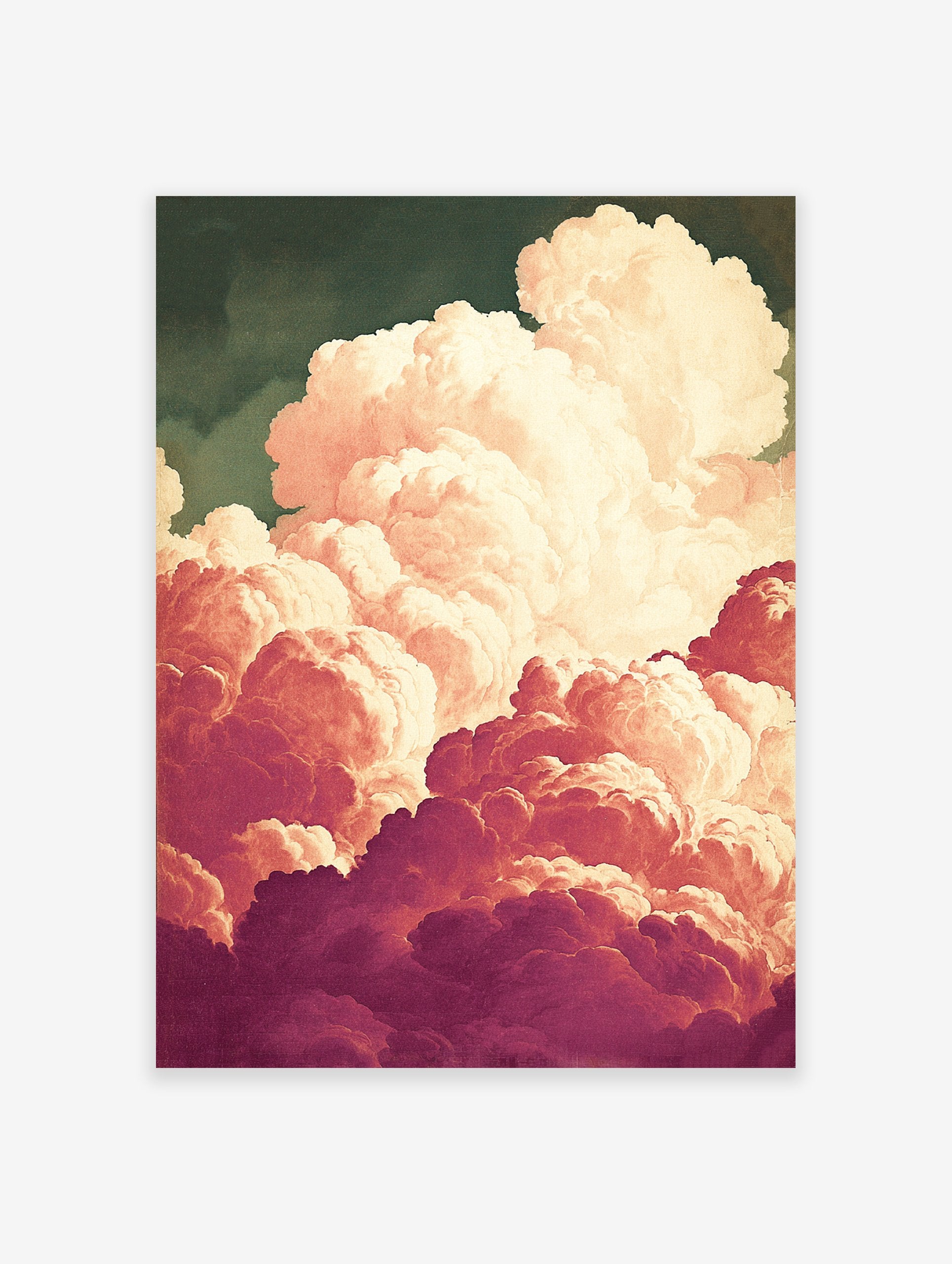 Dramatic pink and purple cloudscape art print against a dark green sky, featuring voluminous, painterly clouds.