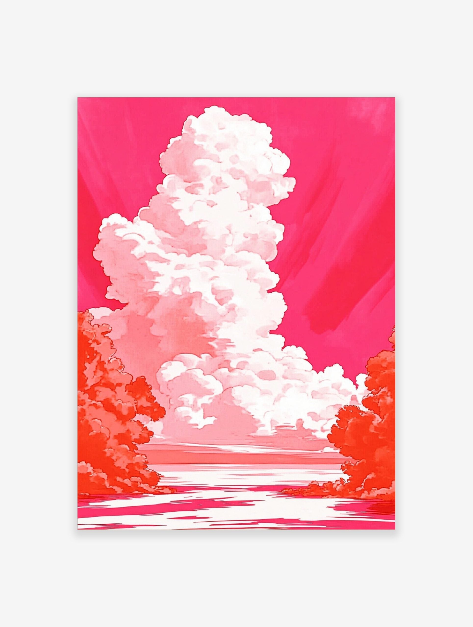 Dramatic towering white and pink cloud against a vibrant magenta sky over water with orange foliage