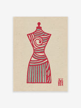 Red and teal abstract dress form art print with swirl and stripe patterns on a beige textured background, illustrative style.