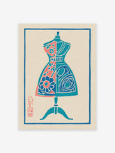 Stylized Dress Form Art Print with blue and pink floral patterns on a light background, featuring a Japanese stamp.