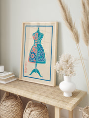 Stylized Dress Form Art Print with blue and pink floral patterns on a light background, featuring a Japanese stamp. - Image 3