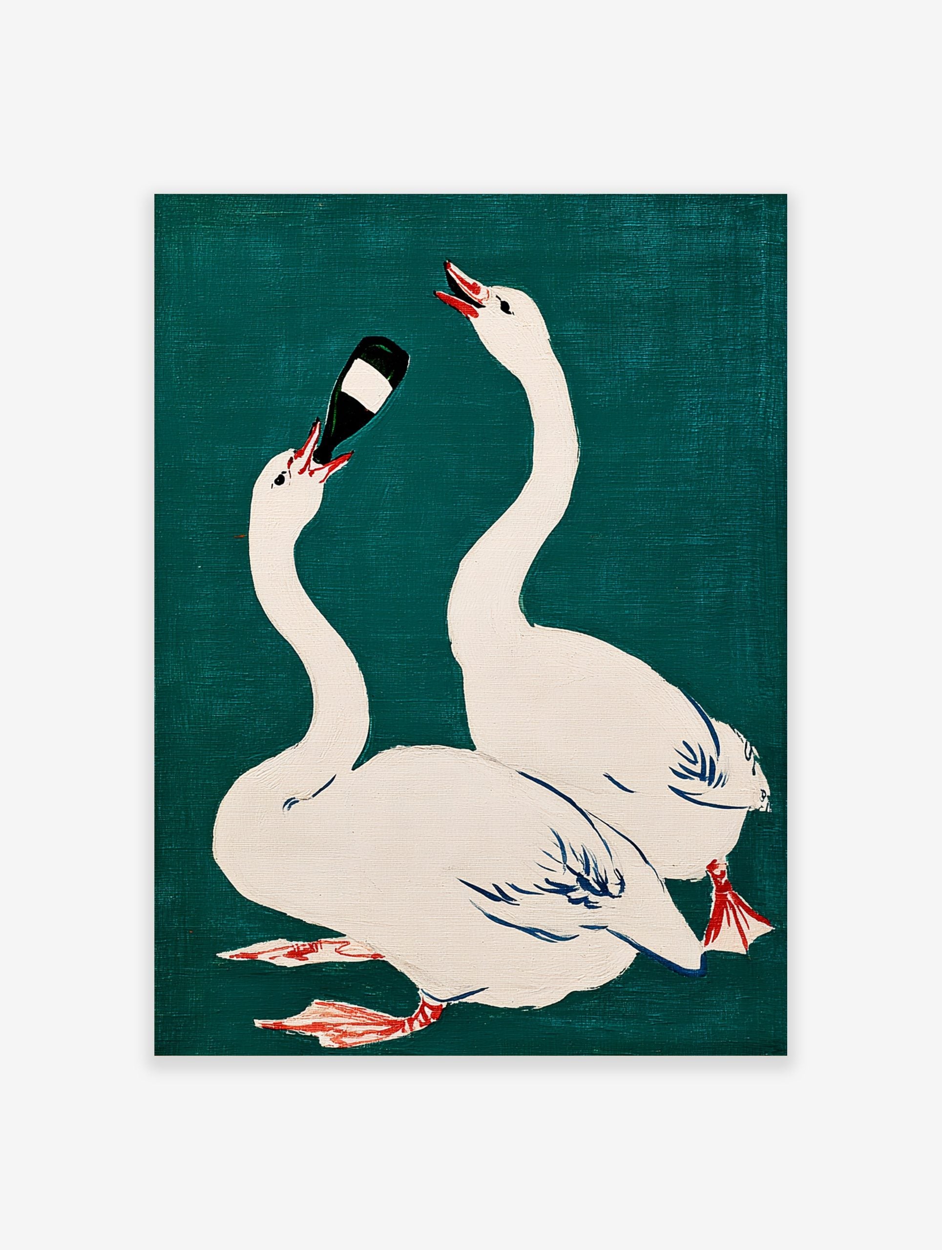 Illustrative print of two white swans on teal background, one drinking from a dark bottle