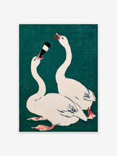 Illustrative print of two white swans on teal background, one drinking from a dark bottle