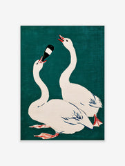 Illustrative print of two white swans on teal background, one drinking from a dark bottle