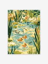 Duck and ducklings pond poster with frog and dragonflies among green reeds