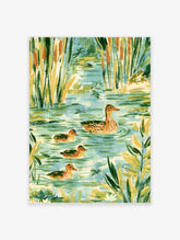 Illustrated duck and ducklings swimming on a blue pond with reeds, lily pads, and a frog on a rock