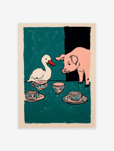 Illustrative print of a white duck and a pink pig at a tea party with patterned teacups on a teal table