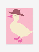 Illustration of a cream duck wearing a brown hat against a pink background, with pink beak and feet.