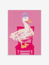 Whimsical duck art print with a white duck in a purple hat sitting on a pink chair against a bright pink background