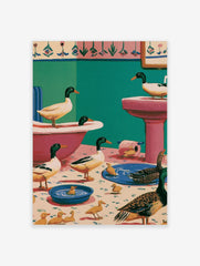 Whimsical illustration of mallard ducks and ducklings inside a pink and teal bathroom with blue water bowls