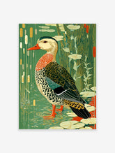 Illustrative duck with red beak and patterned feathers in a green pond with lily pads and reeds