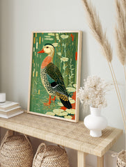 Illustrative duck with red beak and patterned feathers in a green pond with lily pads and, in an alternate framed mockup