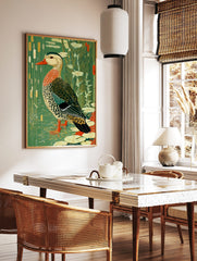 Illustrative duck with red beak and patterned feathers in a green pond with lily pads and reeds, in a styled room mockup