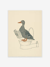 Duck wall art illustration of a gray duck with an orange beak and feet reading a newspaper while sitting on a toilet.