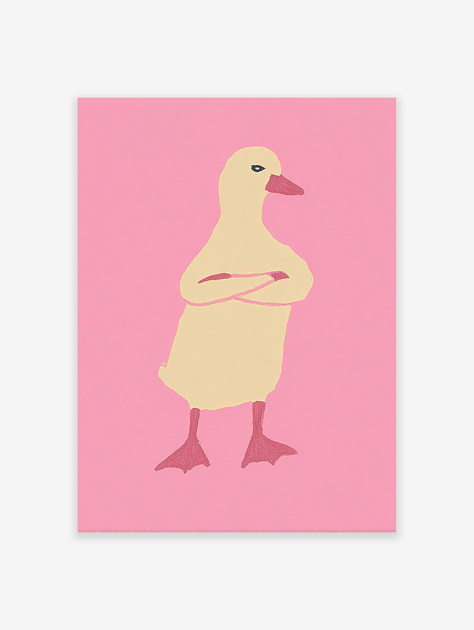 Illustrated duck wall art with crossed arms on a pink background, featuring a pale yellow duck with a reddish-pink beak.