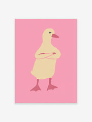 Illustrated duck wall art with crossed arms on a pink background, featuring a pale yellow duck with a reddish-pink beak.