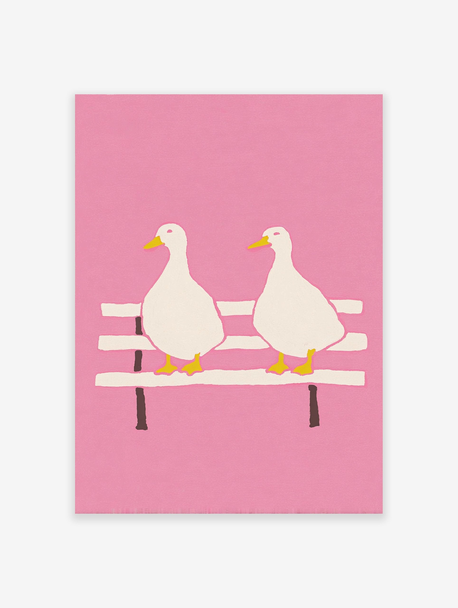 Illustrated pink duck wall art featuring two white ducks with yellow beaks and feet sitting on a bench against a pink background.