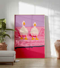 Whimsical illustration of two white ducks with yellow beaks and feet sitting on a pink couch against a purple wall. - Image 3