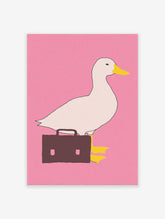 White duck with yellow beak and black eye carrying a brown briefcase on a pink background, quirky duck wall art print.
