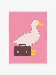 White duck with yellow beak and black eye carrying a brown briefcase on a pink background, quirky duck wall art print.