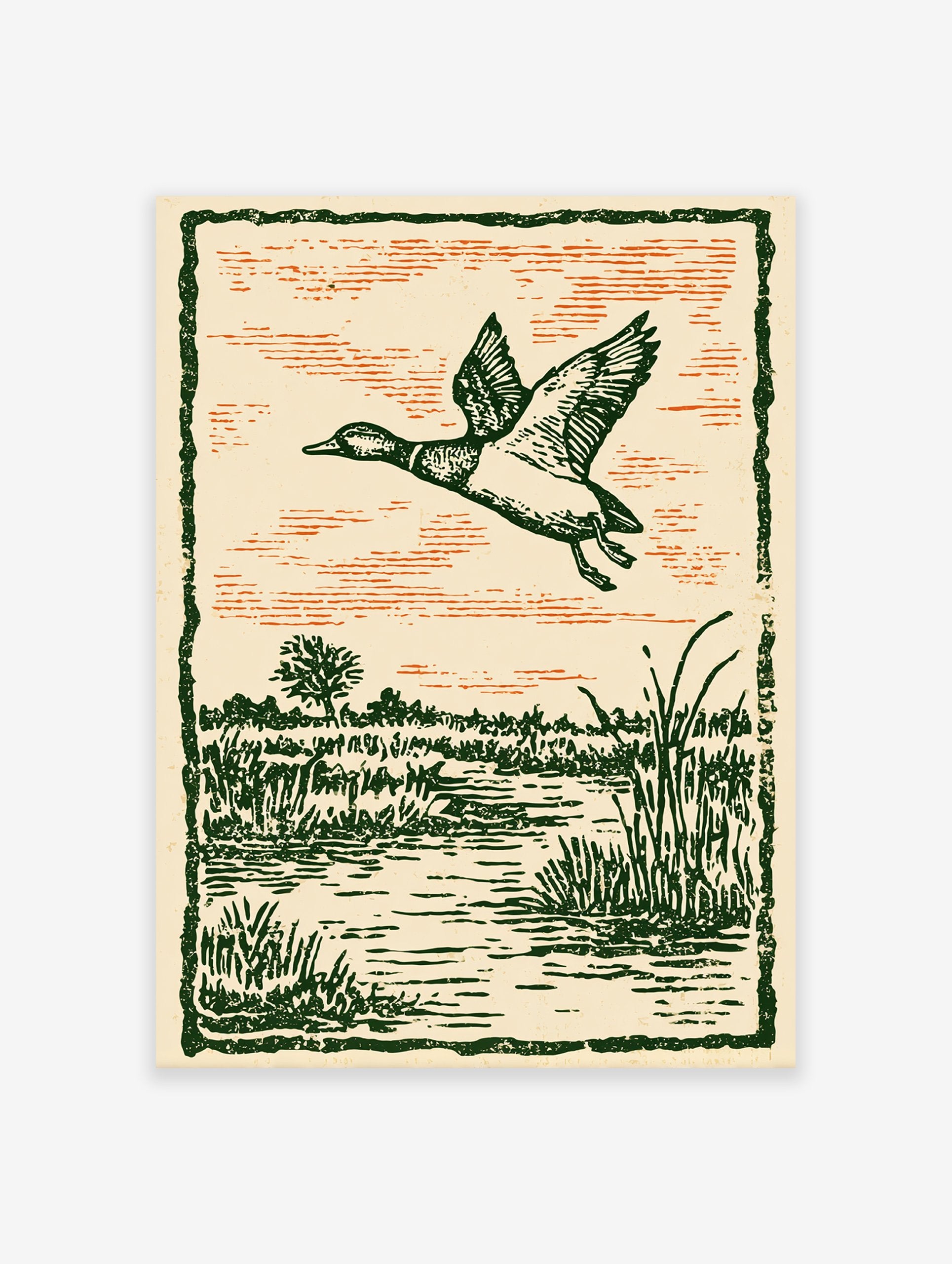 Vintage illustration of a duck flying over a green marshland with an orange sky, framed by a dark green border.