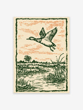 Vintage illustration of a duck flying over a green marshland with an orange sky, framed by a dark green border.