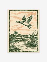 Vintage illustration of a duck flying over a green marshland with an orange sky, framed by a dark green border.