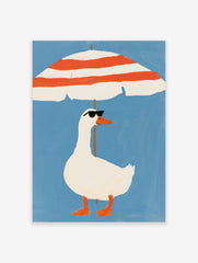 Illustration of a white duck in sunglasses standing under a red and white striped beach umbrella on a blue background
