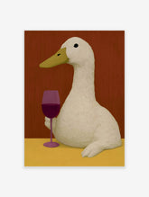 An illustrative art print of a white duck holding a glass of red wine against a warm red background