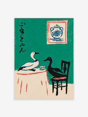 Illustrative art print of a white and black duck at a table with Japanese calligraphy on a green background