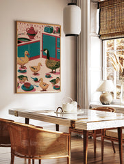 Retro kitchen wall art illustration of ducks and a goose in a teal and red kitchen setting, in a styled room mockup