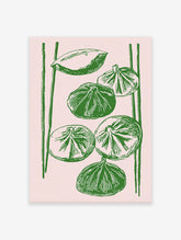 Green dumpling illustration poster on a light pink background with vertical lines, resembling chopsticks.