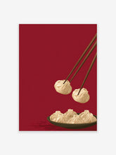 Illustrated dumpling wall art showing chopsticks picking up a dumpling from a bowl on a deep red background.
