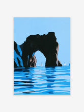 Stylised illustration of a black natural stone arch over a blue sea with sailboats, coastal landscape art print