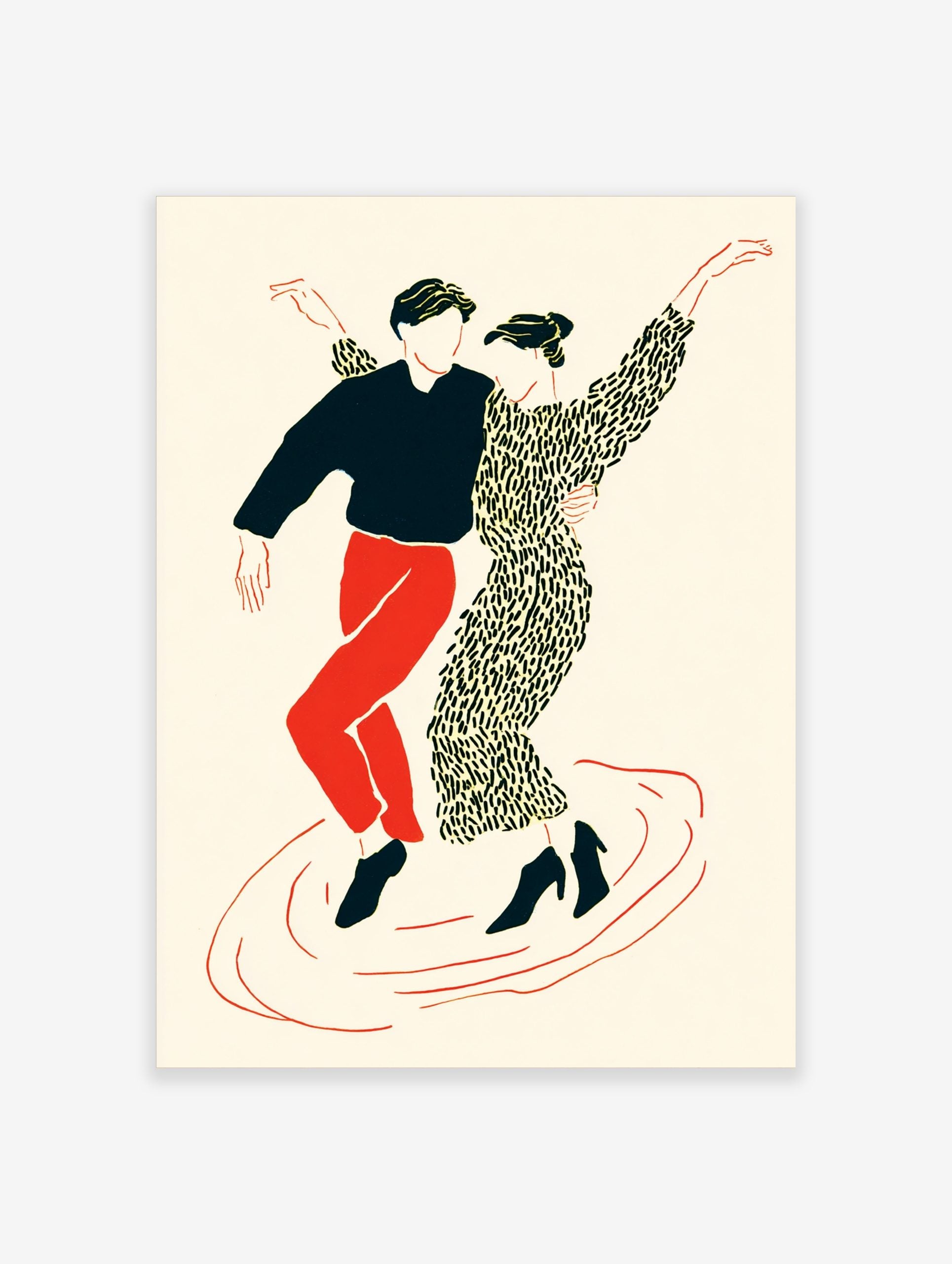 Illustrative print of two dancers in black, red, and cream, in dynamic poses on a plain background