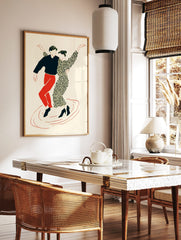 Illustrative print of two dancers in black, red, and cream, in dynamic poses on a plain background, in a styled room mockup