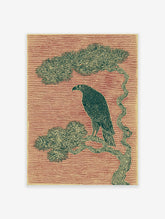 Eagle wall art illustration of a majestic bird perched on a pine tree branch against a red textured background in woodcut style.